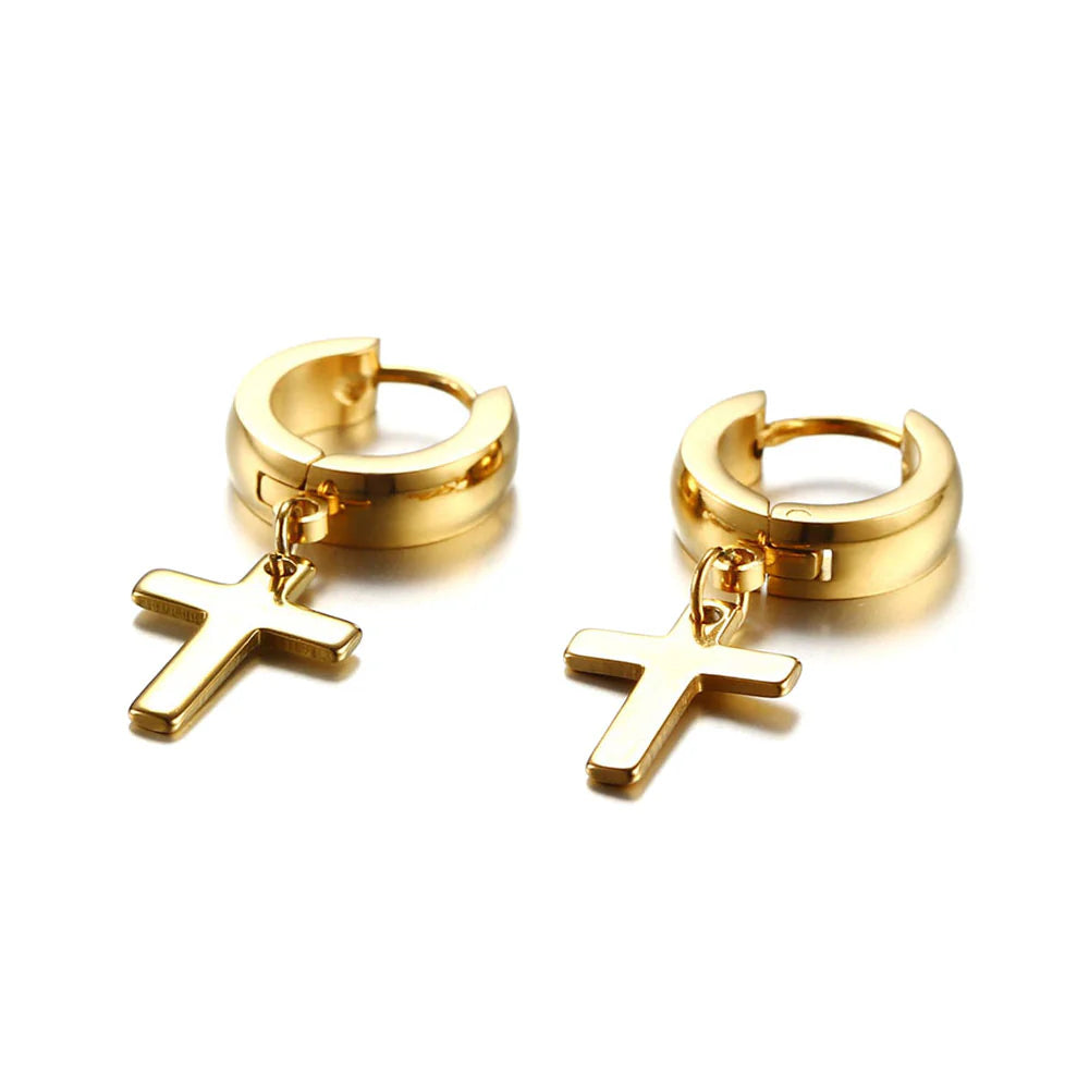 14K GOLD CROSS PENDANTS HOOPS EARRING