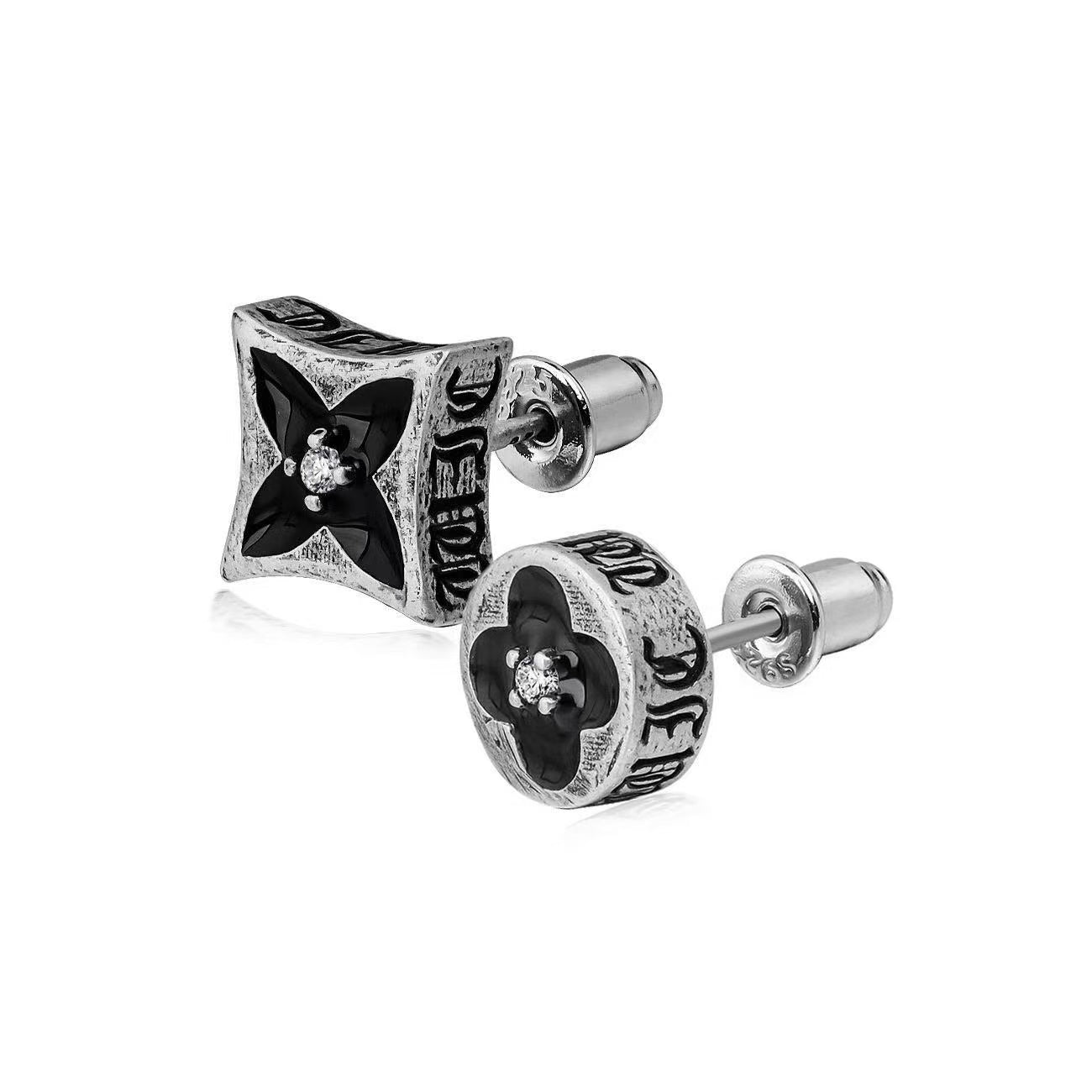 925 Silver Enamel Engraved Clover Flower Stud Earrings
