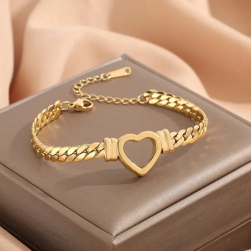 14K GOLD HEART-SHAPED SNAKE BONE  BRACELET